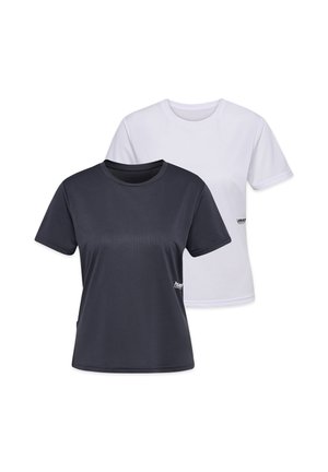 Zwei kurzärmelige Rundhals-T-Shirts, eines vorne schwarz und eines hinten weiß, beide mit kleinen Logos unten an der Seite.