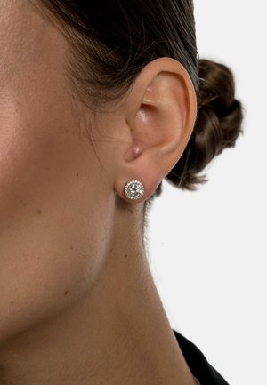 Runde Ohrstecker aus silberfarbener Metalllegierung mit einem zentralen klaren Edelstein, umgeben von kleineren Steinen, die sicher in einem strukturierten Design eingesetzt sind.