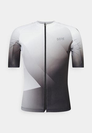 Koszulka rowerowa z krótkim rękawem, z pełnym suwakiem z przodu, gradientowym czarno-białym wzorem oraz logo "GORE" na górze klatki piersiowej.