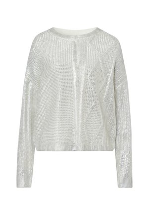 Silver metallic knit sweater with long sleeves, a round neckline, and a loose fit; features textured patterns and a cropped hem.