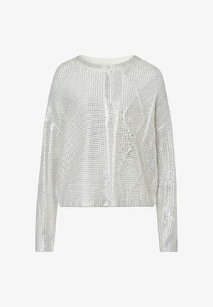 Silver metallic knit sweater with long sleeves, a round neckline, and a loose fit; features textured patterns and a cropped hem.