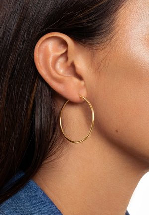 Goldene Creolen; dünnes, kreisförmiges Design; glänzende Oberfläche; glatte Textur; tragen am Ohrläppchen, betont einen natürlichen Hautton.