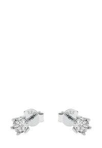 Silver studörhängen med cirkulära, klara ädelstenar med sex klor, märkta med "925" för äkthet av sterling silver.