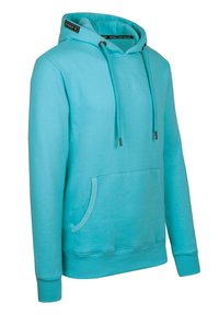 Turquoise hooded sweatshirt made of soft fabric, featuring a front kangaroo pocket, adjustable drawstrings, and ribbed cuffs.