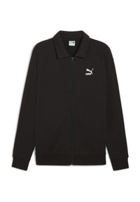 Sort zip-jakke med ståkrave, lavet af blødt stof. Har et hvidt Puma-logo på venstre bryst og ribbede mansjetter.
