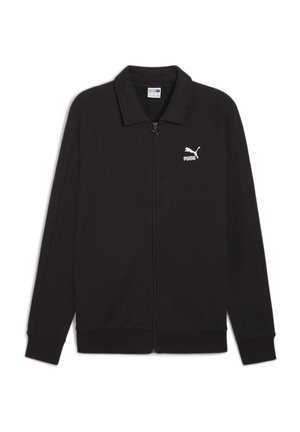 Sort zip-jakke med ståkrave, lavet af blødt stof. Har et hvidt Puma-logo på venstre bryst og ribbede mansjetter.