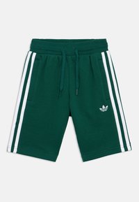 Zelené bavlnené šortky s pružným pásom na šnúrku, so zelenými bočnými pruhmi a malým bielym logom na prednej ľavej strane.