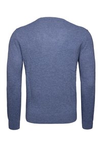 Blauer, langärmliger Strickpullover von hinten auf einem weißen Hintergrund gezeigt.