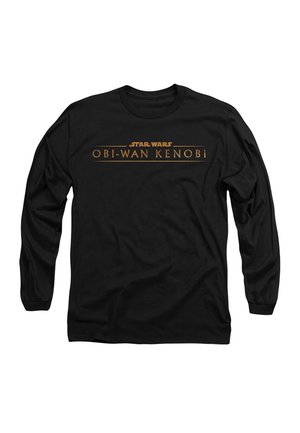 Black long-sleeve t-shirt featuring gold text reading "STAR WARS OBI-WAN KENOBI." Soft fabric with a round neckline and fitted sleeves.