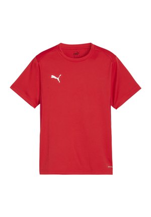 T-shirt de sport rouge à manches courtes, col rond et en tissu texturé. Présente un logo Puma blanc sur le côté gauche de la poitrine.