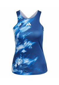 Blauw sport tanktop met een patroon in verschillende tinten, voorzien van een V-hals, racerback detail en het Adidas-logo op de voorkant.