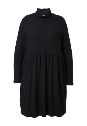 Czarna sukienka z długim rękawem, wysokim dekoltem i dopasowanym gorsetem, z rozszerzanym dołem i gładką teksturą. Prosty i minimalistyczny design.