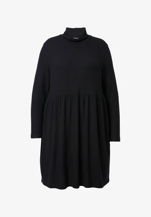 Black long-sleeve dress with a high neck and fitted bodice, featuring a flared skirt and a smooth texture. Simple and minimalist design.