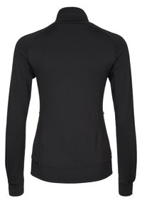 Černá atletická bunda s dlouhým rukávem, vysokým límcem, hladkou texturou a přiléhavým střihem. Má raglánové rukávy a boční kapsy.