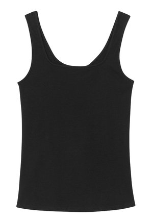 Débardeur noir côtelé avec des bretelles larges et un col arrondi. La texture du tissu est lisse et extensible, garantissant un ajustement confortable.