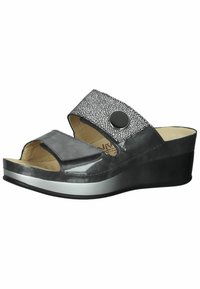 Gray wedge sandal with an open toe, smooth and textured black straps, a button accent, and a silver midsole. Textured upper adds dimension.