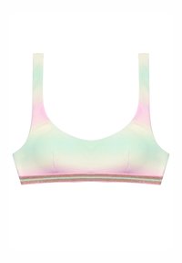 Bralette con gradiente pastello in verde, rosa e bianco. Texture liscia con una fascia decorata da accenti dorati luccicanti. Design semplice e spalline regolabili.