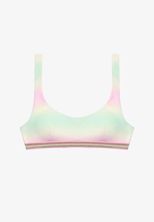Pastel gradient bralette in groen, roze en wit. Gladde textuur met een sprankelende band met gouden accenten. Eenvoudig ontwerp en verstelbare bandjes.