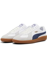 Weiße Sneaker mit einem Obermaterial aus Wildleder und Leder, blauen Akzenten und einer Sohle aus Kautschuk. Mit Schnürsenkeln und einem Logo auf der Zunge.