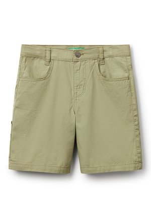 Bermuda khaki realizzati in tessuto misto cotone, dotati di più tasche, chiusura con bottone e dettagli di cucitura a contrasto.