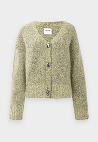 Green knitted cardigan with a V-neck, oversized fit, five metallic buttons, and ribbed sleeve cuffs. Textured and soft fabric.