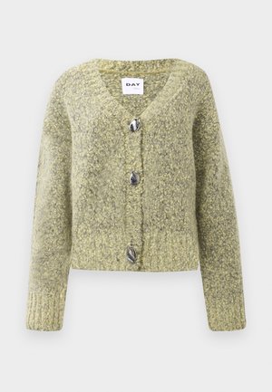 Green knitted cardigan with a V-neck, oversized fit, five metallic buttons, and ribbed sleeve cuffs. Textured and soft fabric.