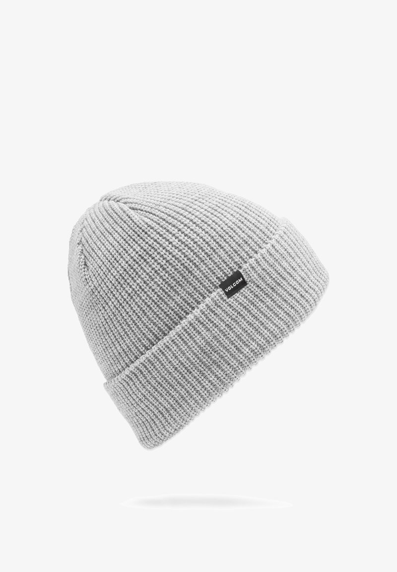 Gray knit beanie with a ribbed texture and folded cuff. Features a small black logo tag displaying the brand name.