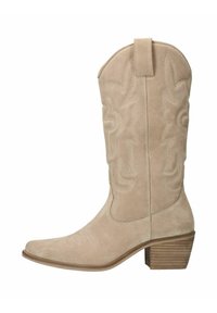 Stivale da cowboy in suede beige con cuciture decorative, punta affusolata e tacco impilato. L'asta presenta una parte superiore leggermente curvata per un tocco di stile.