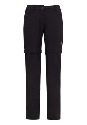 Black convertible pants with a zippered thigh, adjustable cuffs, and a fitted waistband; made of smooth, lightweight fabric for comfort.