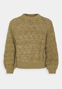Suéter de punto en verde olivo con un patrón texturizado en forma de diamante, cuello redondo y puños y dobladillo acanalados. Diseño ligero y de corte holgado.