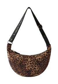 Borsa a tracolla con stampa leopardata in marrone e nero, caratterizzata da una forma rotonda, tracolla nera con logo e dettagli in metallo dorato. Chiusura con cerniera.