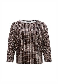 Braun- und cremefarbenes Oberteil mit Dreiviertelärmeln, rundem Halsausschnitt und lässiger Passform. Es zeigt eine Mischung aus Punkten und vertikalen Linien.