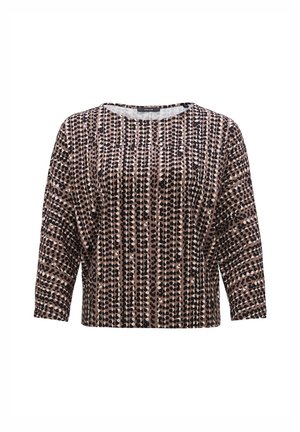 Bruine en crèmekleurige top met een patroon, driekwart mouwen, ronde halslijn en een relaxte pasvorm. Bevat een mix van stippen en verticale lijnen.