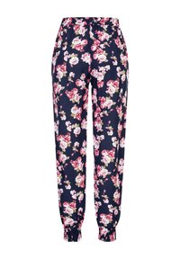 Blomstrete joggebukser i marineblått stoff med et mønster av rosa og kremfargede blomster, elastisk midje og tapered mansjetter ved ankle.