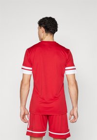 Red athletic shirt with short sleeves, featuring white stripes on the sleeves. Smooth, lightweight fabric and a crew neck design.