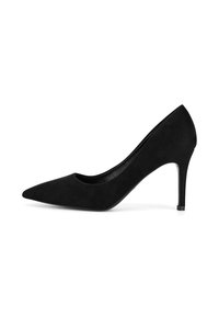 Pantofii cu toc înalt din suede negru, cu vârf ascuțit, design elegant și toc stiletto subțire, având o textură netedă și accente minime.