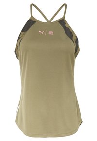 Top sin mangas de color verde oliva con tirantes finos, con detalles de camuflaje en los hombros y un pequeño logo rosa en el pecho. Tejido texturizado.