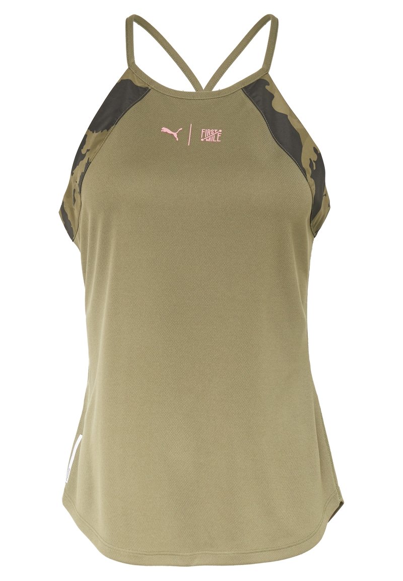Top sin mangas de color verde oliva con tirantes finos, con detalles de camuflaje en los hombros y un pequeño logo rosa en el pecho. Tejido texturizado.