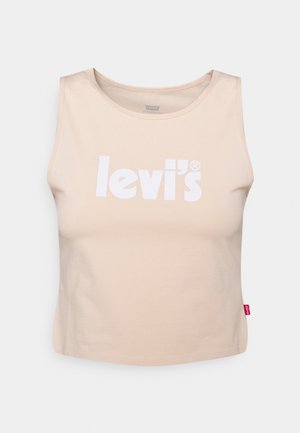 Beżowy krótki top bez rękawów z białym logo "levi's" na środku z przodu i małą czerwoną metką Levi's na bocznym szwie.