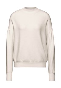 Felpa color crema, con maniche lunghe e collo rotondo, spalle scese e polsini a coste. Realizzata in un tessuto morbido e testurizzato.