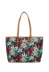 Blumige Tragetasche aus dunkelblauem Stoff mit roten und grünen Pflanzenmustern. Braune Kunstlederträger und ein silberner Hardware-Tag sind enthalten.