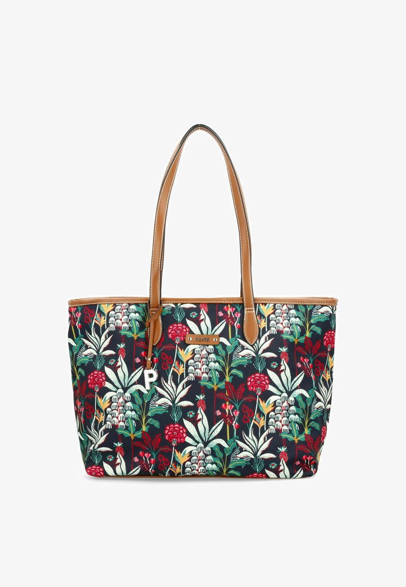 Bloemrijke tas van donkerblauwe stof met rode en groene plantenpatronen. Bruine neplederen handvatten en een zilveren hardware label zijn aanwezig.