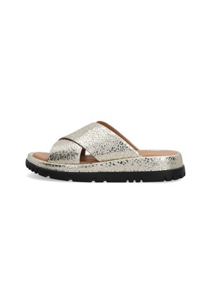 Metallic silver slide sandals featuring crisscross straps, a cushioned insole, and a durable black rubber sole with grip.