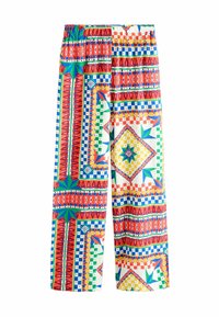 Pantalon à jambes larges avec des motifs géométriques multicolores en rouge, bleu, vert et jaune, doté d'une ceinture élastique et d'une texture de tissu lisse.