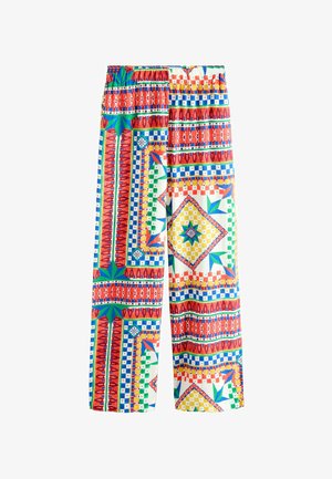 Pantaloni a gamba larga con motivi geometrici multicolori in rosso, blu, verde e giallo, con cintura elastica e tessuto dalla trama liscia.