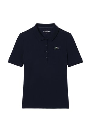 Marineblauw polo shirt van katoen, met een klassieke kraag, korte mouwen, een drieknoopsluiting en een klein groen krokodillenlogo.