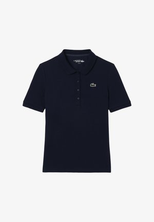 Marineblauw polo shirt van katoen, met een klassieke kraag, korte mouwen, een drieknoopsluiting en een klein groen krokodillenlogo.