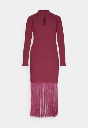 Burgundy knit dress with long sleeves, a keyhole neckline, and a fringed hem in varying shades of pink, creating a textured finish.
