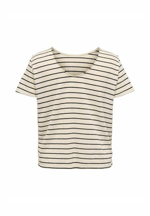 T-shirt à rayures col en V en crème et bleu marine, manches courtes, coupe décontractée, tissu doux, avec des rayures horizontales et un ourlet arrondi.
