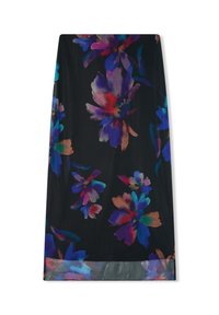 Gonna nera a fiori con motivi floreali multicolore vivaci. Tessuto morbido con taglio dritto e orlo trasparente.